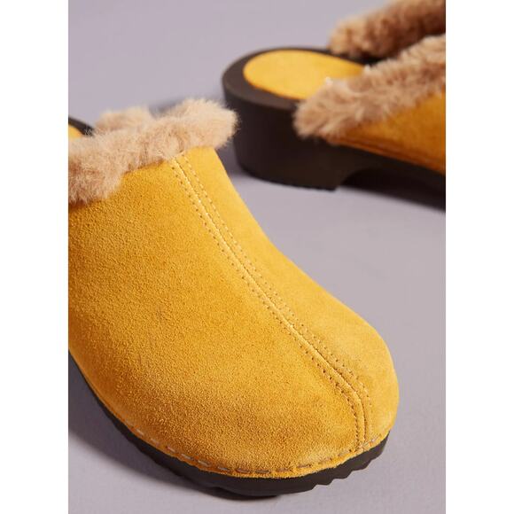 Anthropologie x Charles David 7 Shearling Clogs Suede Fur Slip On Shoes Yellow - Picture 3 of 9